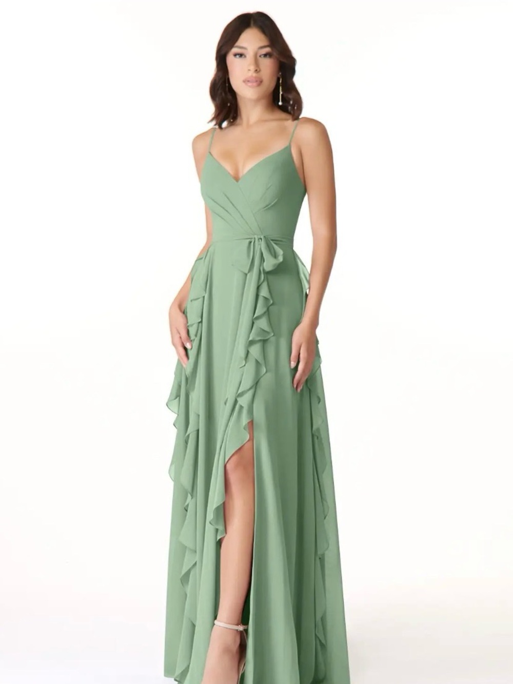 Azazie Sage Green Ruffle Wrap Maxi Dress